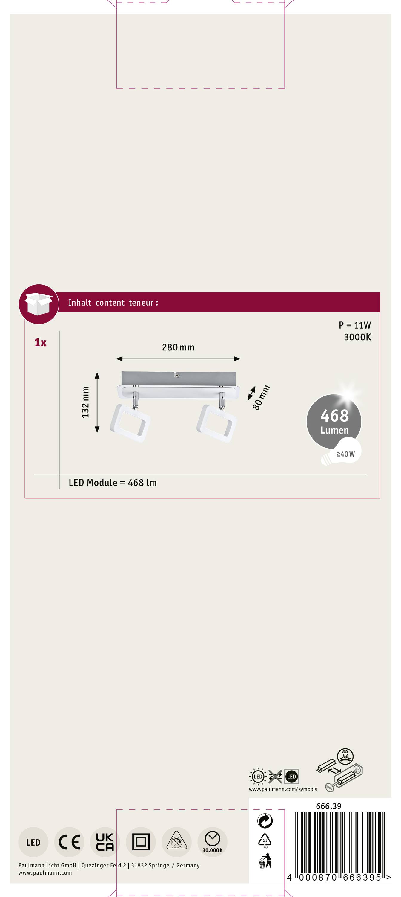 Zawiera: 1x lampę LED, moc 11W, 3000K, 468 lumenów, wymiary 280 mm.