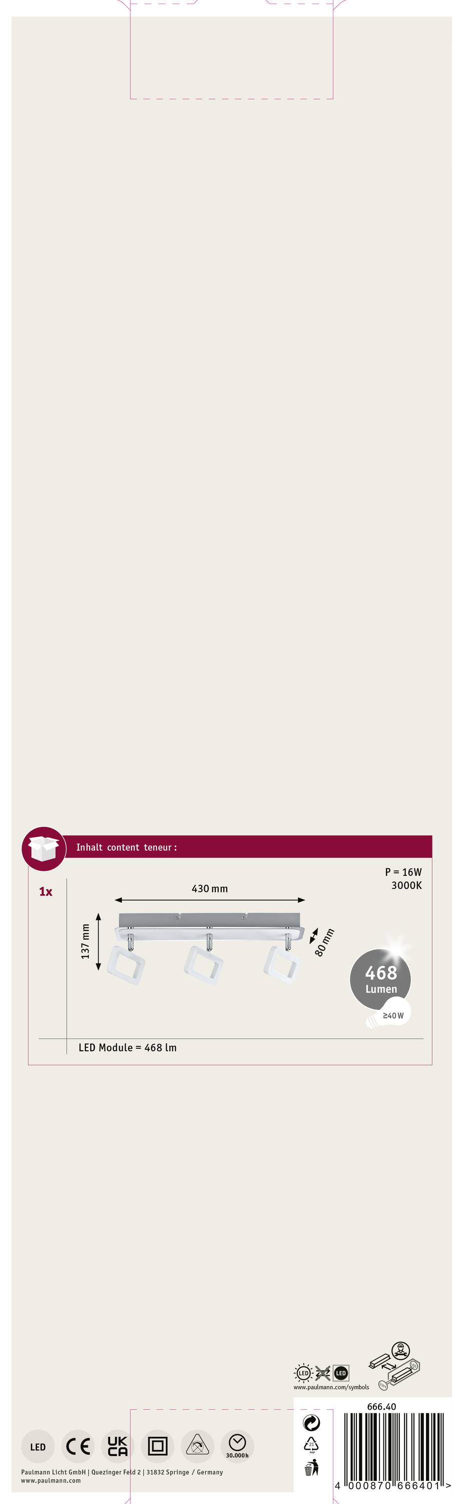 'Lampa sufitowa z czterema regulowanymi reflektorami LED, długość 535 mm, ciepłobiała, 4,68 W. Klasa efektywności energetycznej G.'
