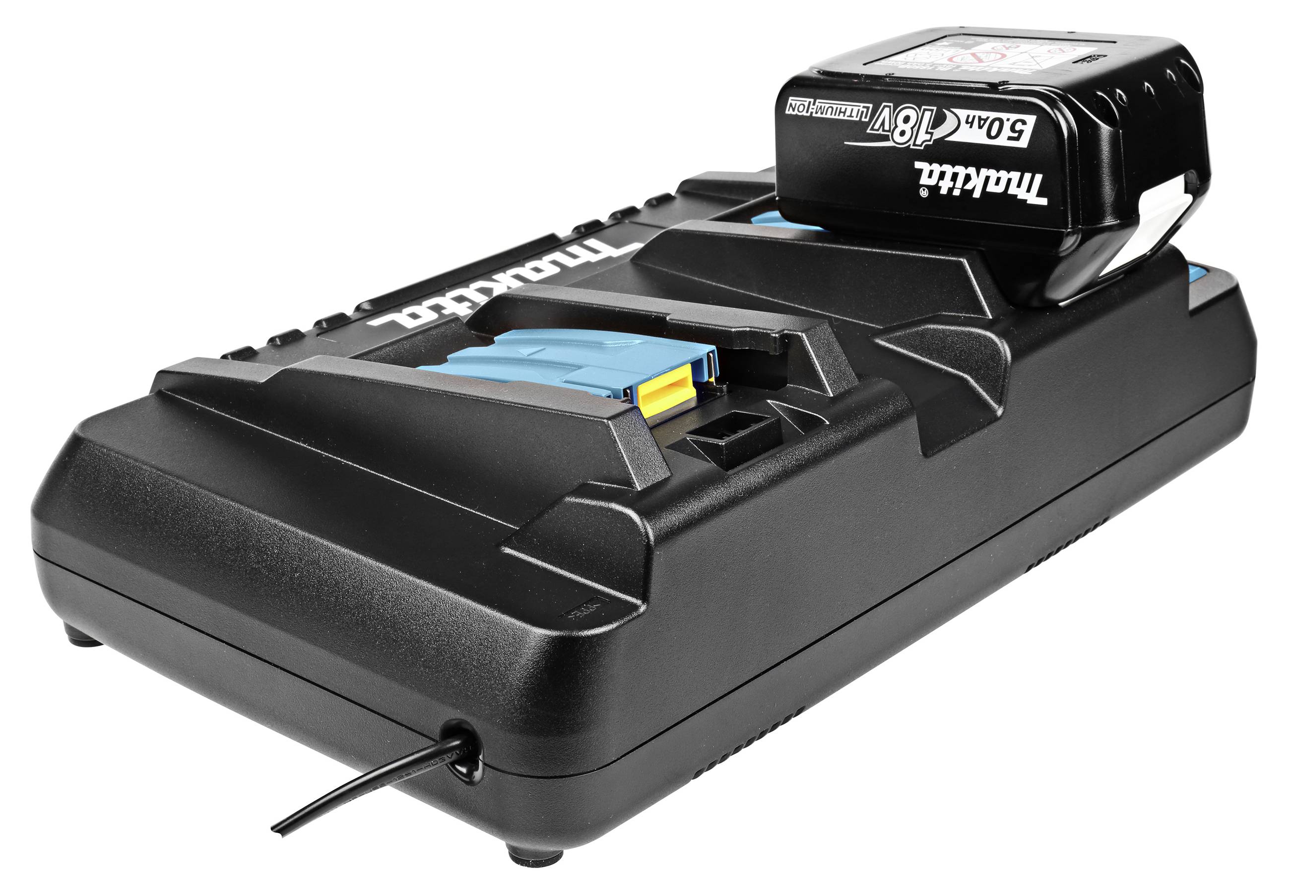 Czarna ładowarka z zamontowaną baterią litową. Złącze kablowe znajduje się po prawej stronie obrazka.