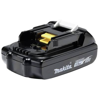 Akumulator Makita 18V litowo-jonowy o pojemności 1,5 Ah, obudowa w kolorze czarnym, żółte złącze, przeznaczony do bezprzewodowych narzędzi elektrycznych.