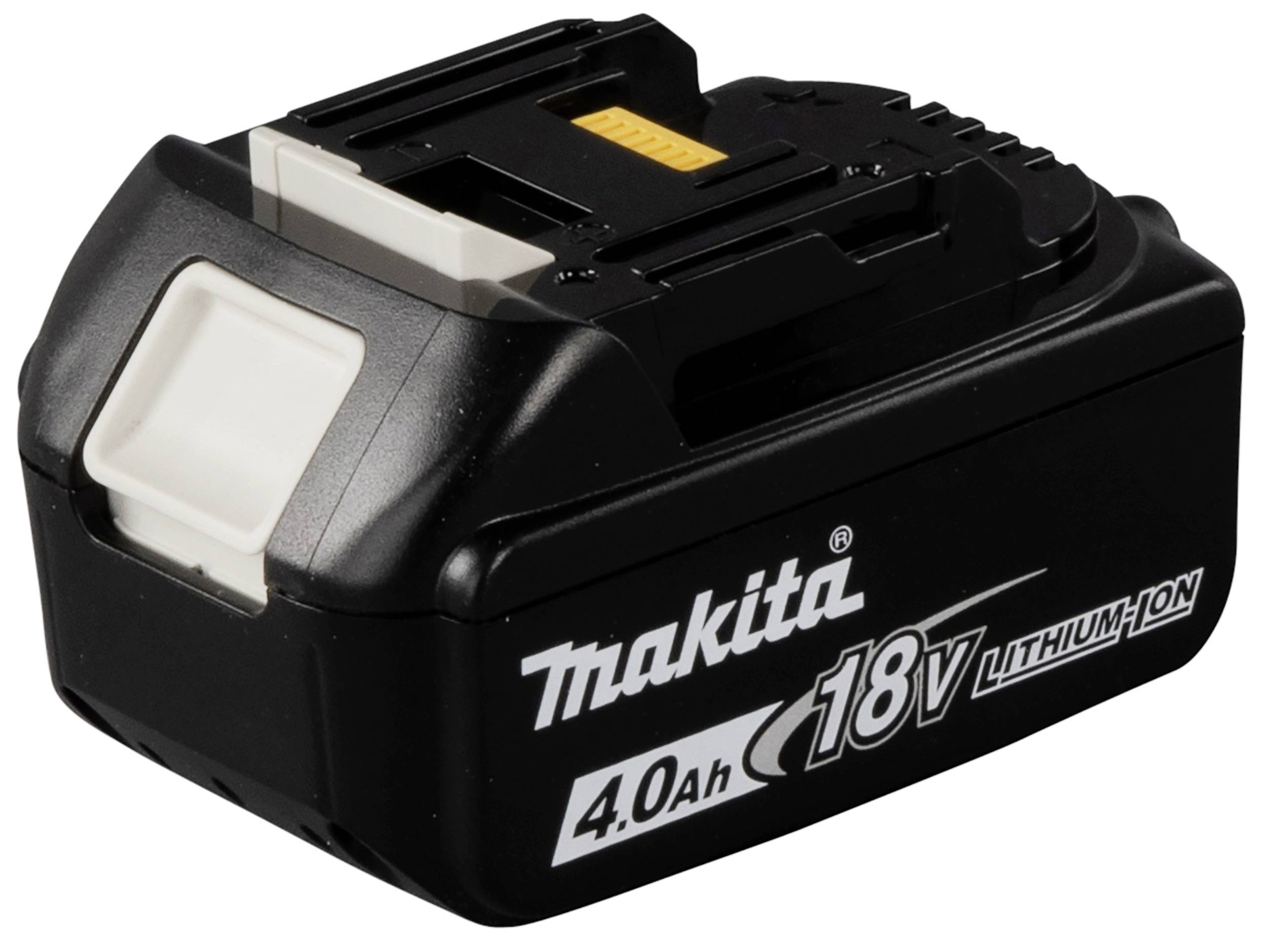 Akumulator Makita Lithium-Ion 18V o pojemności 4,0Ah, w kolorze czarnym, sfotografowany z boku z widocznym logo marki.