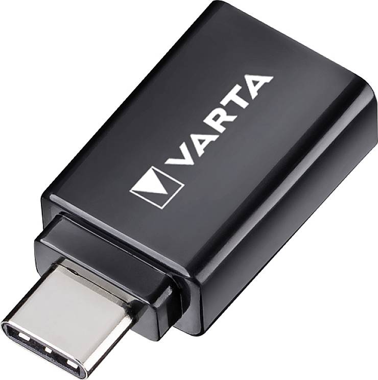 Ładowarka USB-C firmy VARTA w kolorze czarnym, o kompaktowej budowie, z widocznym złączem USB-C.