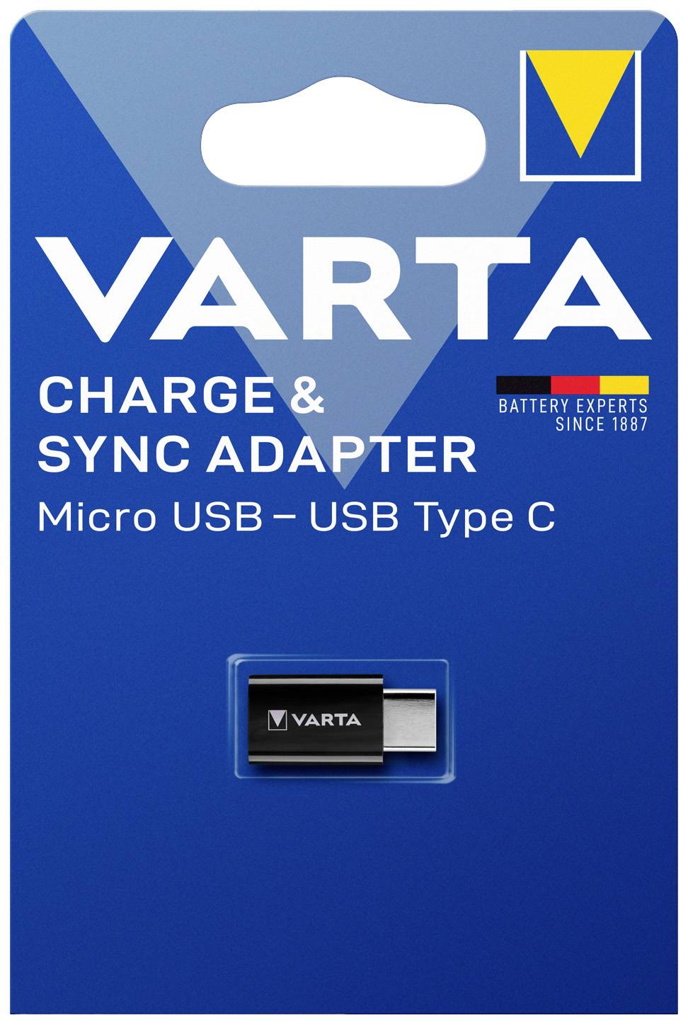 Opakowanie adaptera 'VARTA Charge & Sync' z adapterem z micro USB na USB Typ C, marka VARTA, niebieskie tło.