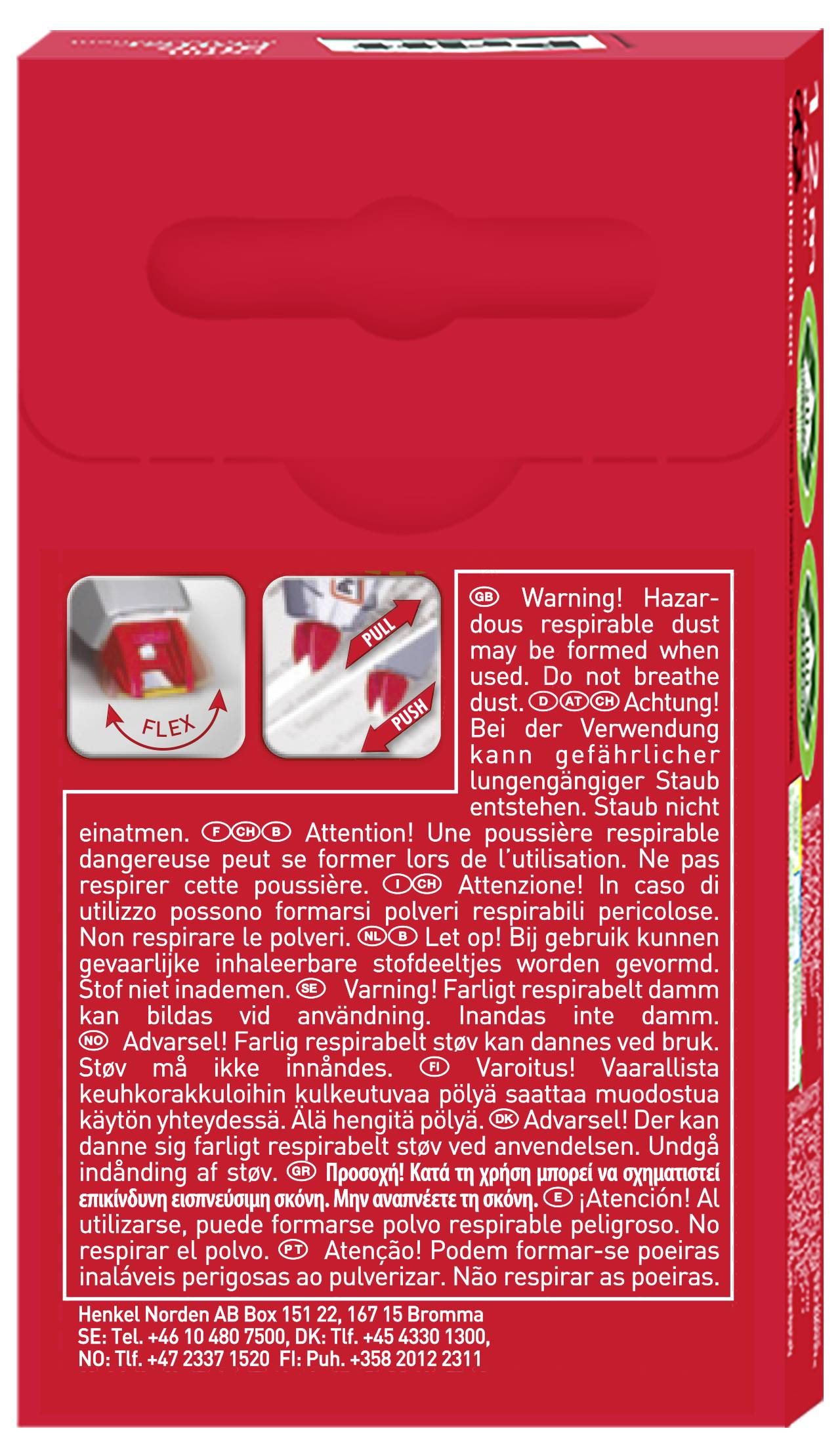 Tył czerwonego pudełka z pastą do zębów z wielojęzycznymi ostrzeżeniami bezpieczeństwa dotyczącymi niewykonywania wdechów pyłu. Zawiera ikony użycia produktu oraz szczegóły marki.