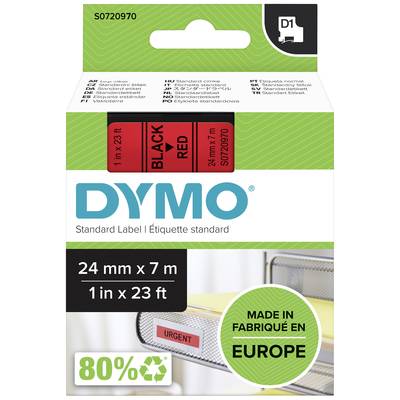 'Etykieta DYMO Standard, 24 mm x 7 m, czarna na czerwonym. Wyprodukowana w Europie, 80% materiału z recyklingu. Zdjęcie przedstawia drukarkę etykiet w użyciu.'
