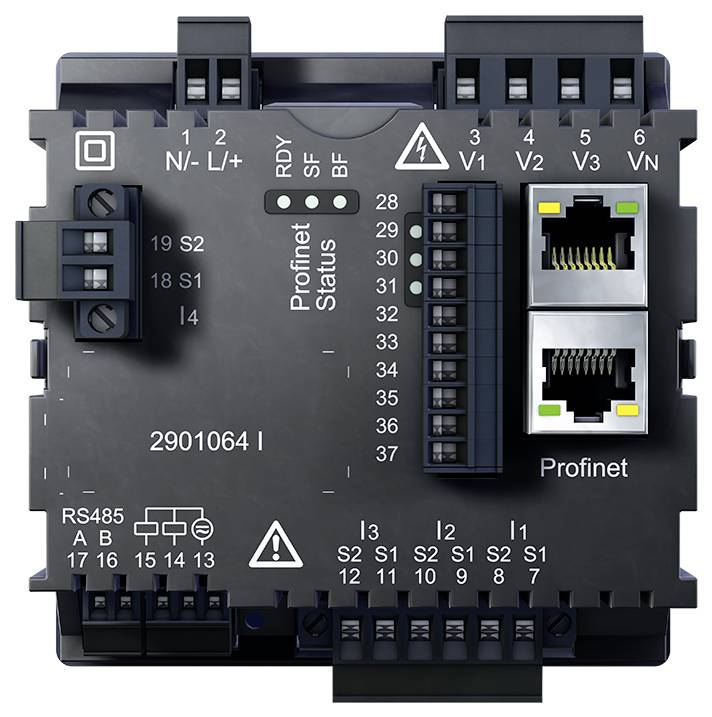 Czarne urządzenie elektroniczne z wieloma złączami i dwoma portami Ethernet. Na przedniej stronie widnieją napisy 'Profinet Status' oraz numer modelu.