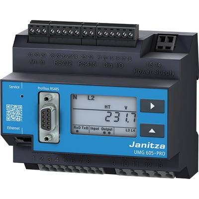 Wyświetlacz cyfrowy na liczniku energii Janitza UMG 605-PRO pokazuje 231,7 V. Dostępne są interfejsy RS232, RS485 oraz Ethernet.