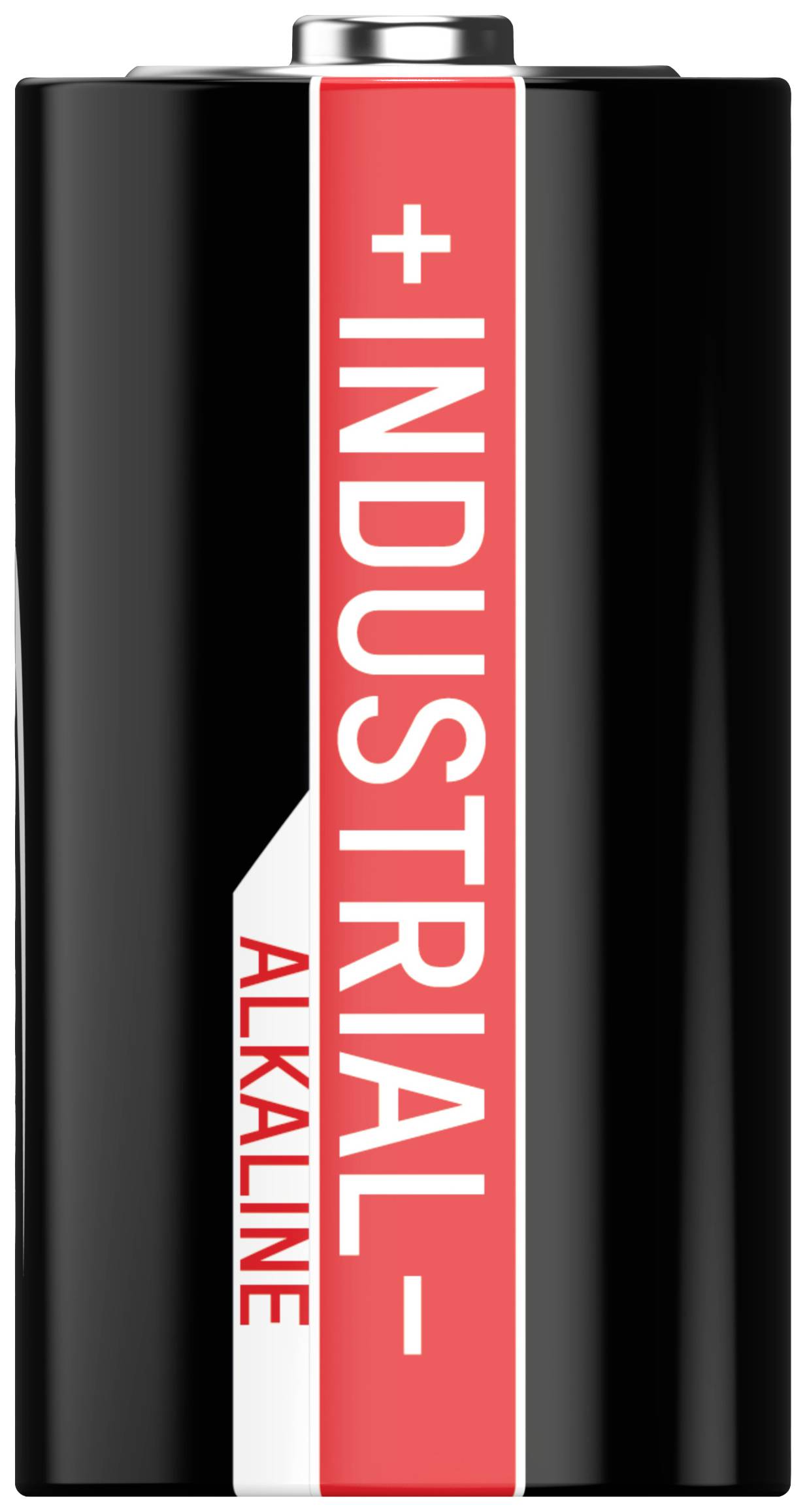 Czarna bateria przemysłowa z czerwonym paskiem i napisem 'INDUSTRIAL ALKALINE'.