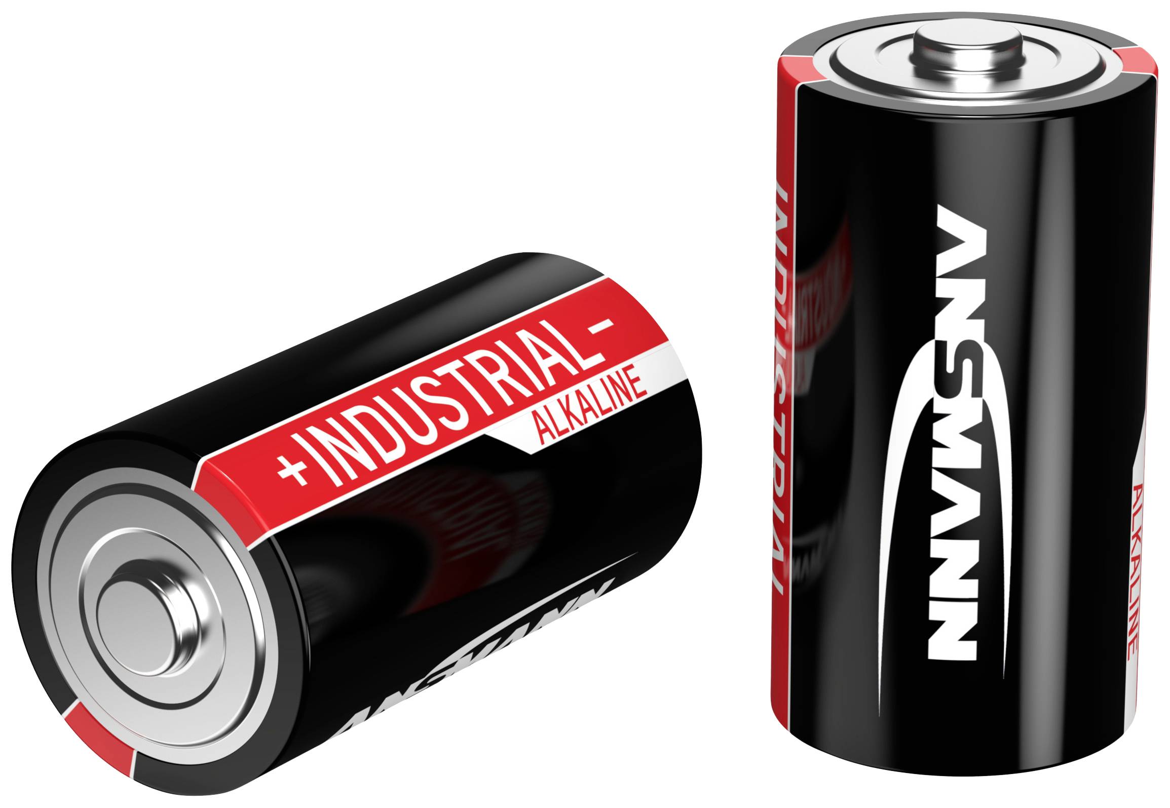 Dwie przemysłowe baterie alkaliczne z widocznymi biegunami plus i minus, jedna stojąca, druga leżąca. Oznaczenie: 'Industrial Alkaline'.