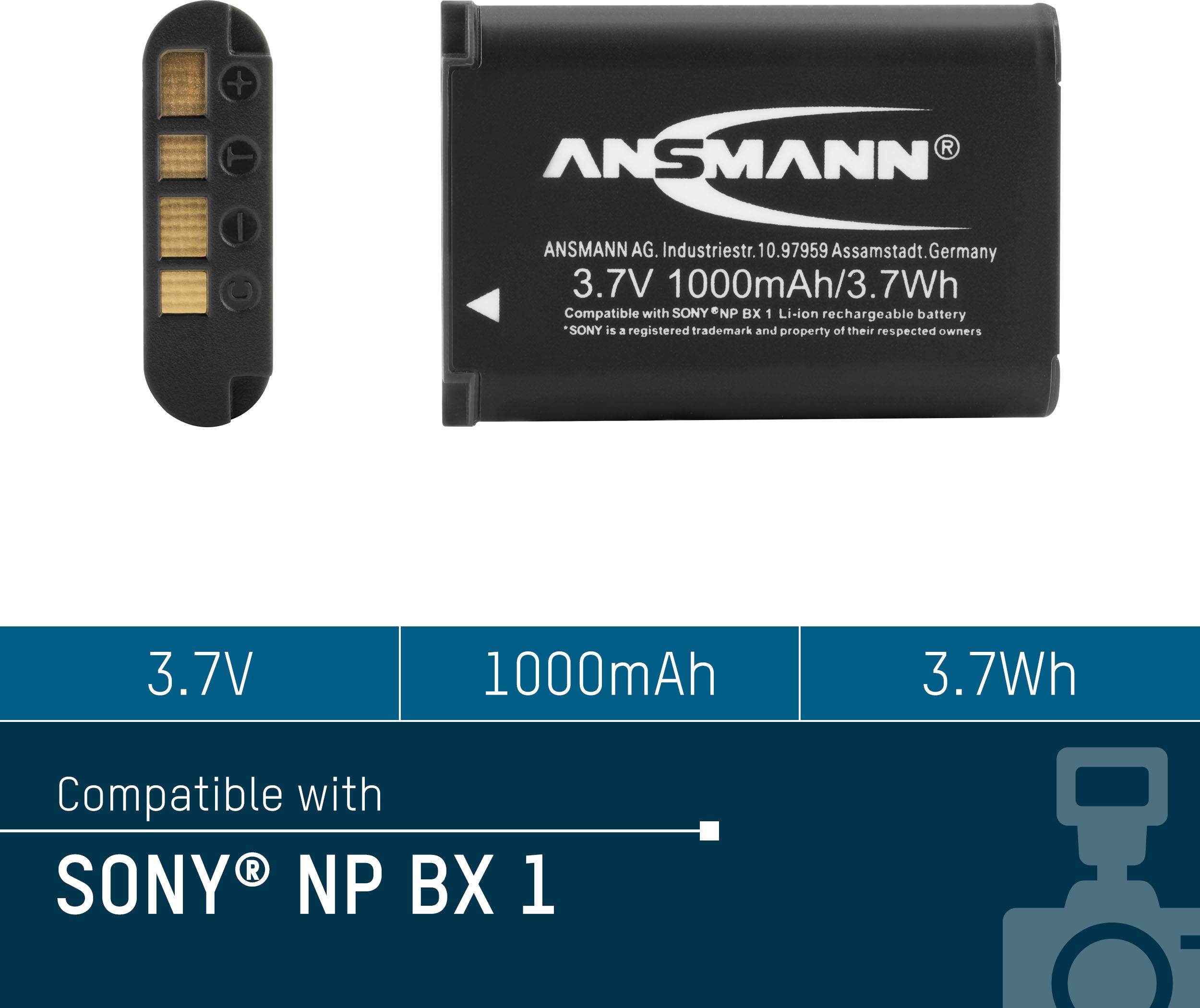 Wskaźnik akumulatora do Ansmann 3,7V 1000mAh 3,7Wh, kompatybilny z Sony NP BX 1, prezentujący specyfikacje techniczne i zgodność.