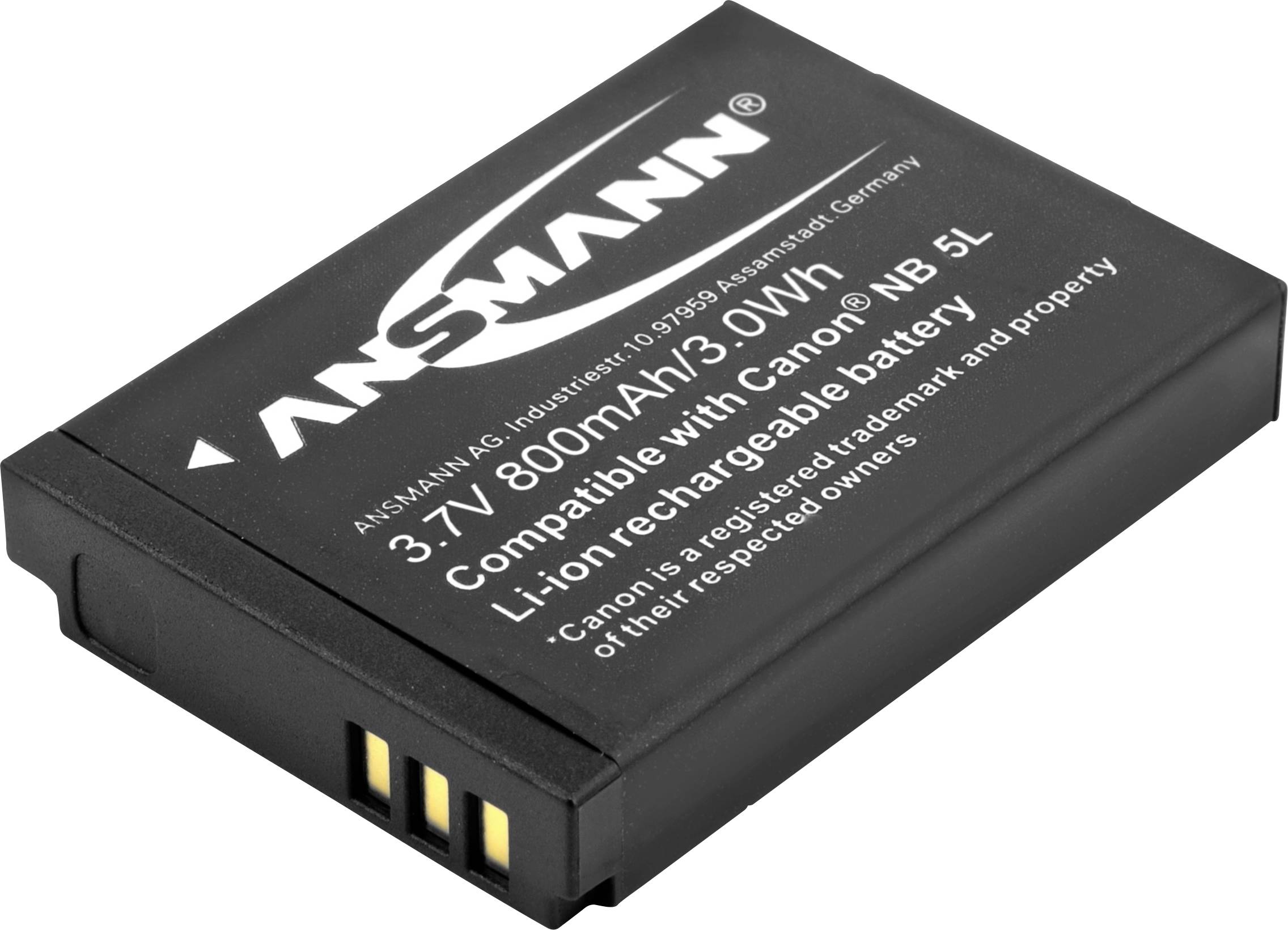 Czarny akumulator z napisem 'ANSMANN', Li-Ion, 3,7V, 800mAh, 3,0Wh. Kompatybilny z Canon NB 5L. Prostokątny kształt z trzema punktami styku.