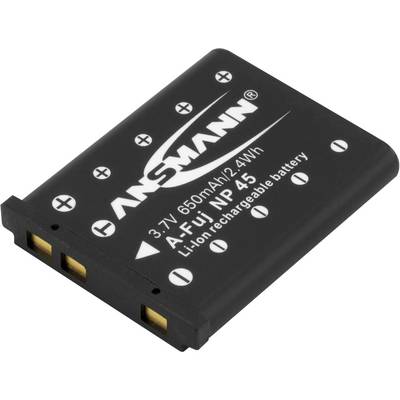 Czarny prostokątny akumulator litowo-jonowy z napisem '3.7V 650mAh 2.4Wh A- Fuji NP-45'.