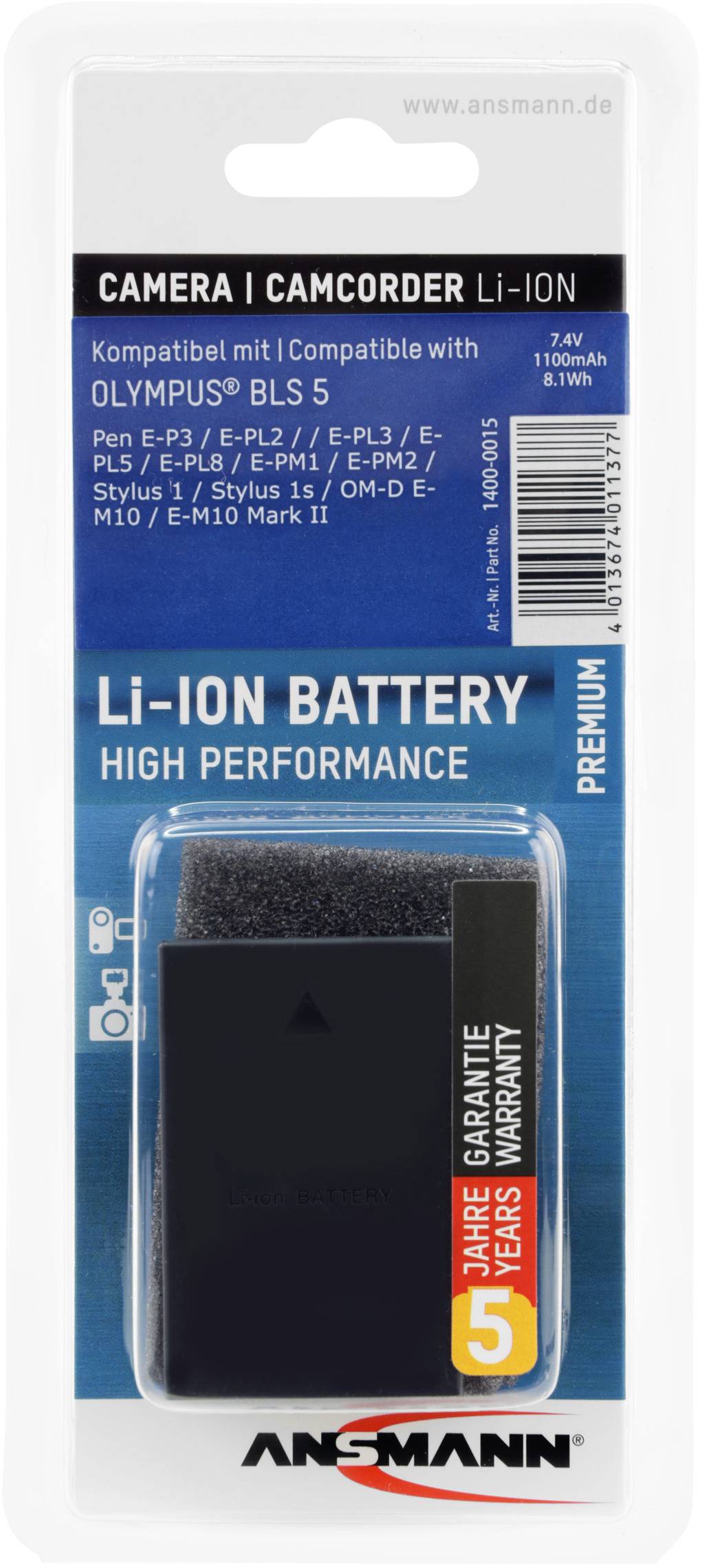 Akumulator litowo-jonowy Ansmann do aparatów Olympus, kompatybilny z modelami takimi jak E-P3 i E-PL8. Pojemność: 7,4V, 1100mAh. Z 5-letnią gwarancją.