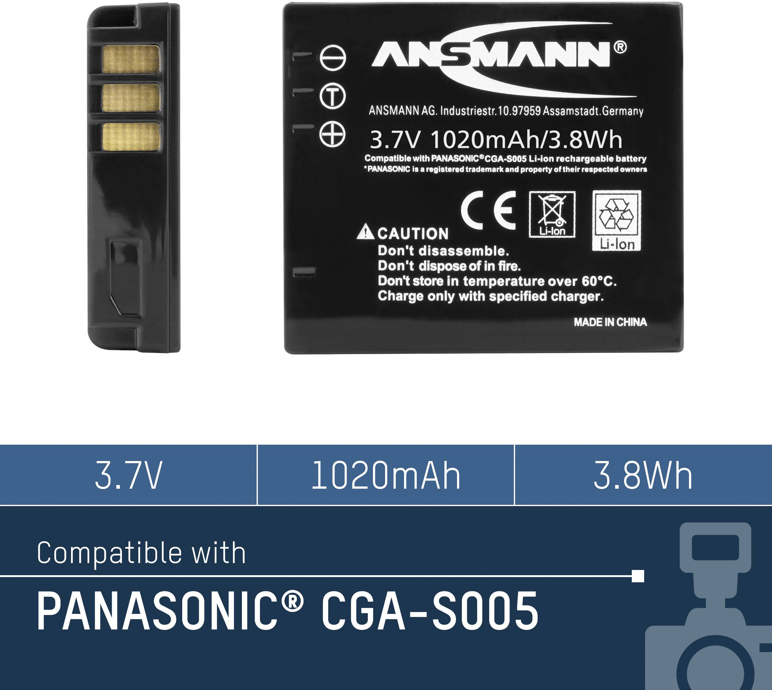 Czarny akumulator Ansmann, numer modelu 10197959. Pojemność: 1020mAh, 3,7V, 3,8Wh. Kompatybilny z Panasonic CGA-S005. Wyprodukowano w Chinach.