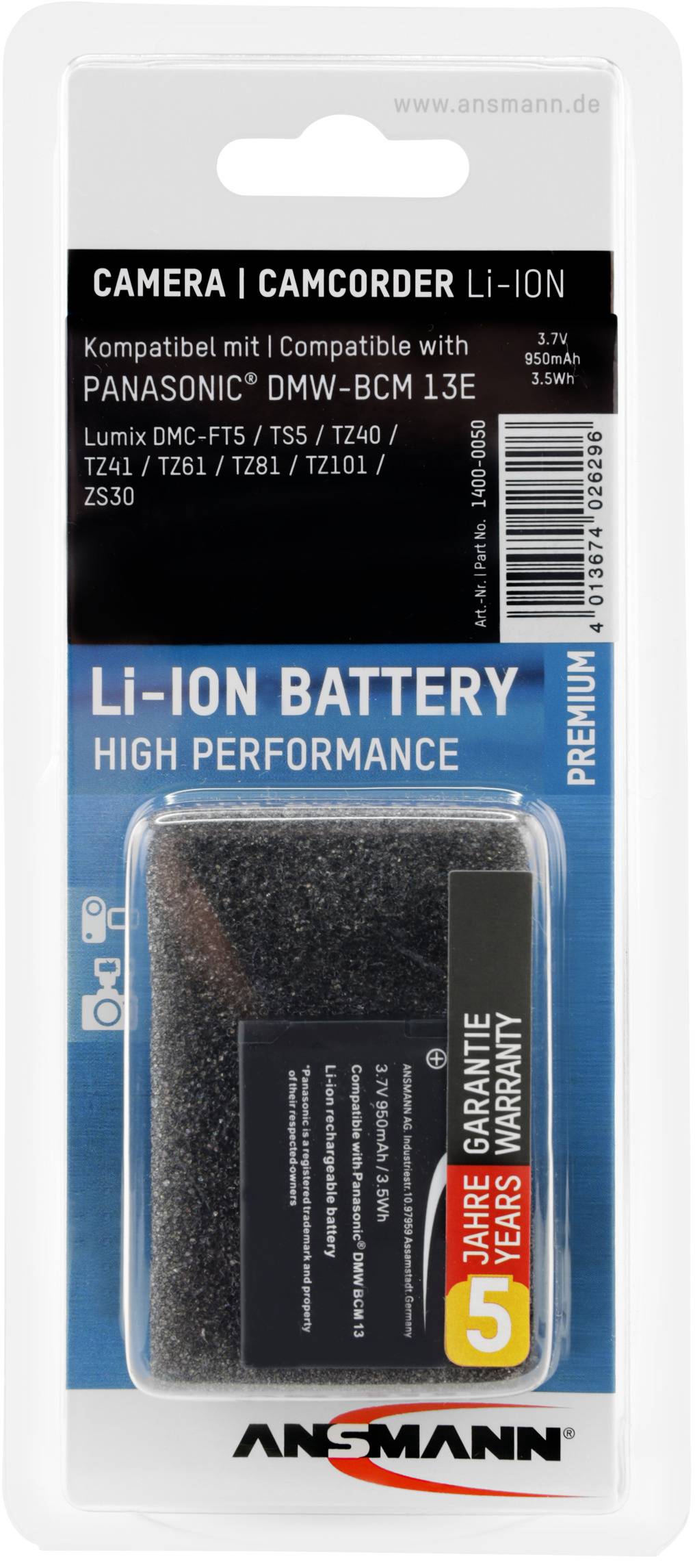 Akumulator litowo-jonowy do aparatu/kamery, kompatybilny z wybranymi modelami Panasonic. Opakowanie zawiera szczegóły i 5-letnią gwarancję.