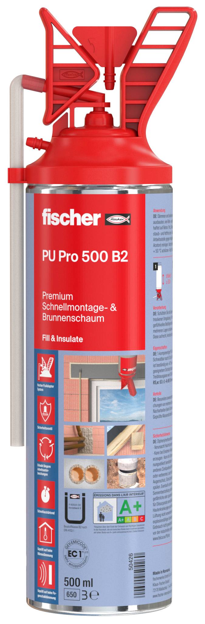 Puszka piany poliuretanowej Red Fischer PU Pro 500 B2 z czerwoną pistoletem aplikatorem i etykietą pokazującą "PU Pro 500 B2" i "Premium Schnellmontage- & Brunnenschaum".