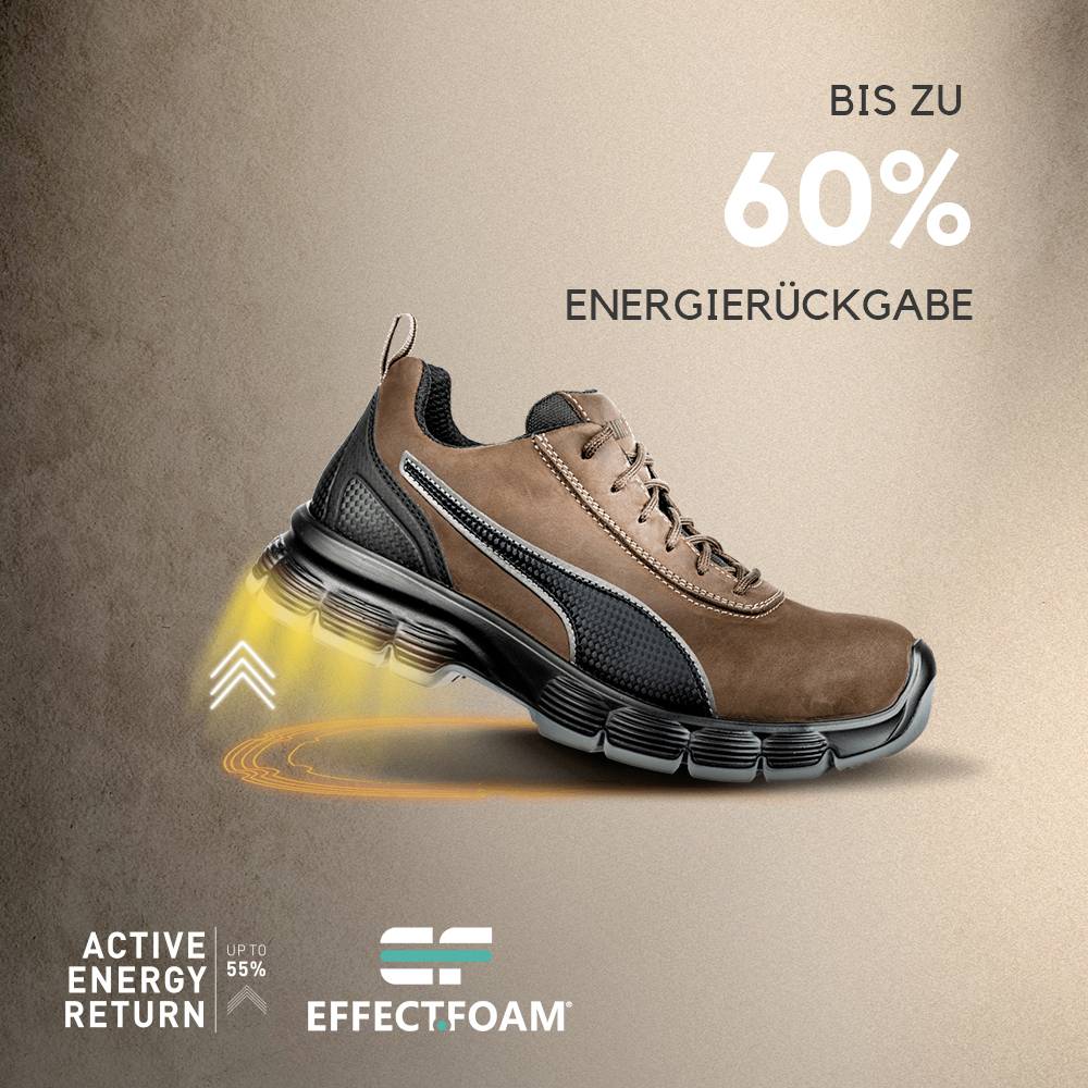 Sportowy but w beżowo-czarnym kolorze, oferujący do 60% zwrotu energii. Tekst podkreśla "Active Energy Return" oraz "EffectFoam".