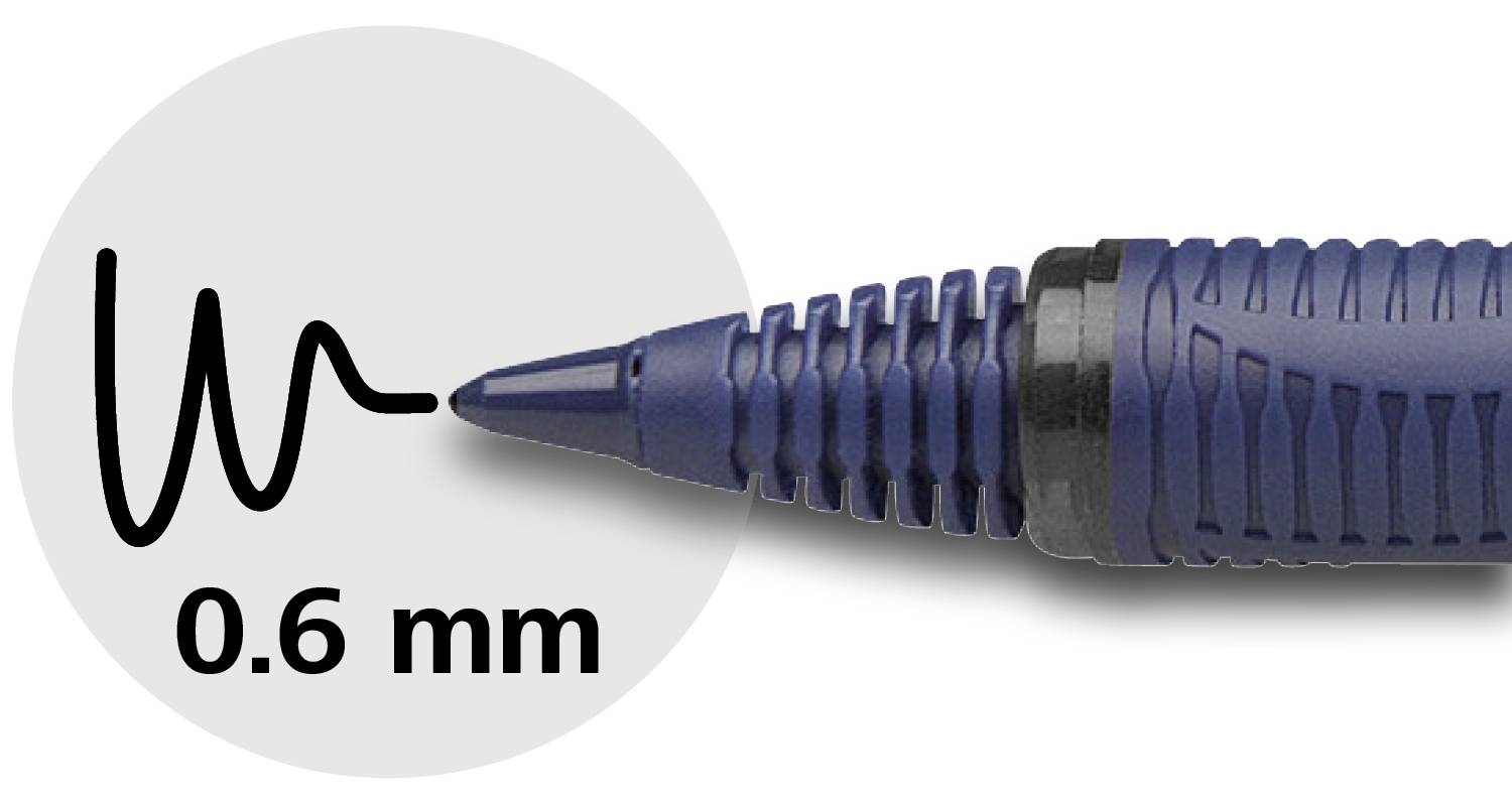 Ciemnoniebieskie pióro z końcówką 0,6 mm. Końcówka rysuje cienką linię.