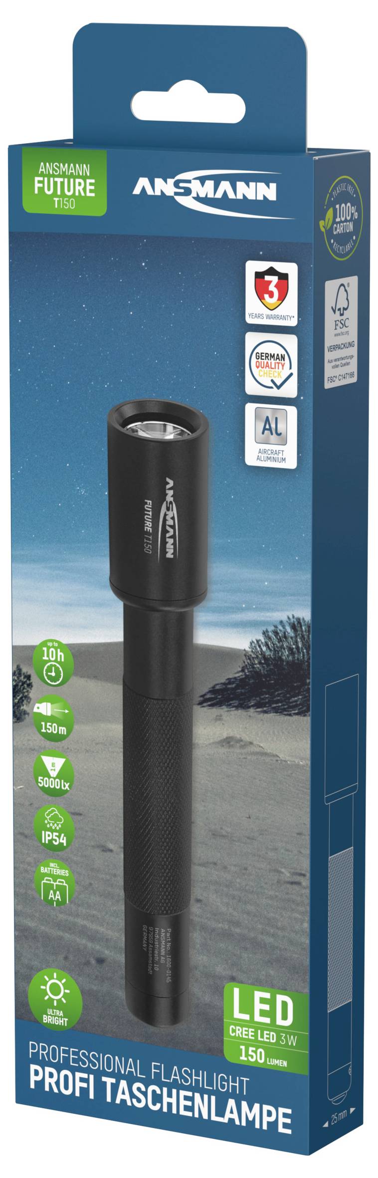 Czarna latarka LED w opakowaniu z niebieskimi i zielonymi elementami designu. Tekst w języku angielskim opisuje funkcje i specyfikacje.