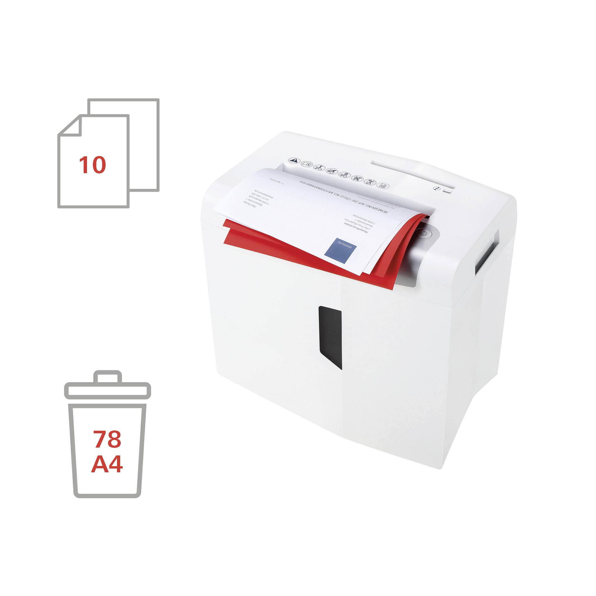 Biały niszczarka dokumentów rozdrabnia czerwone i białe kartki. Symbole w lewym rogu wskazują '10 arkuszy' i '78 A4'.