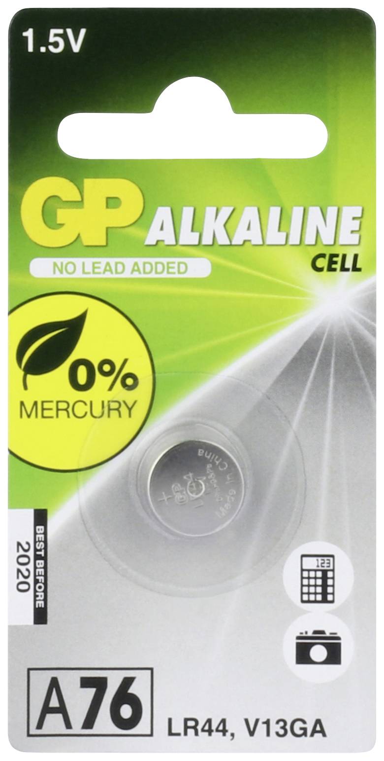 Opakowanie baterii GP Alkaline Cell przedstawia baterię guzikową 1,5V LR44 bez rtęci, odpowiednią do zabawek i zegarków.