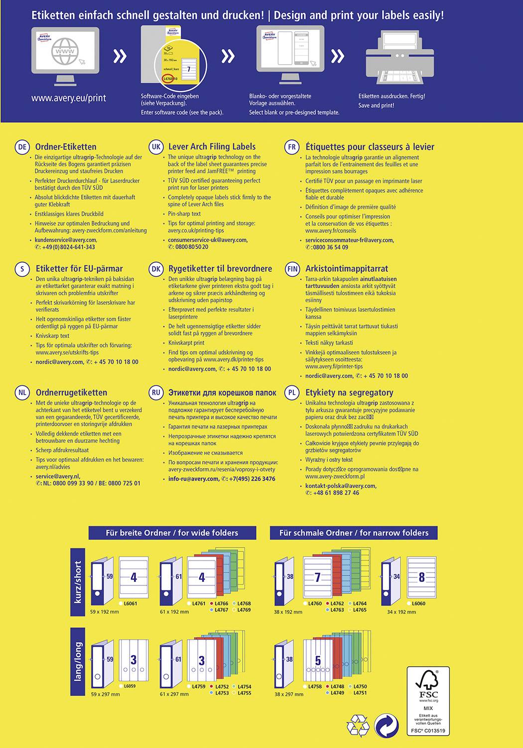 Żółte tło z instrukcjami dotyczącymi projektowania i drukowania etykiet. Na górze logo firmy. Diagram przedstawia rodzaje etykiet.