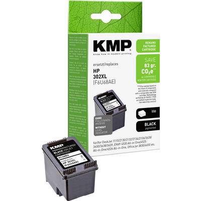 Pudełko i wkład czarnego tuszu KMP przeznaczony do regeneracji, oznaczony jako zamiennik HP 302XL i kompatybilny z drukarkami DeskJet i OfficeJet.