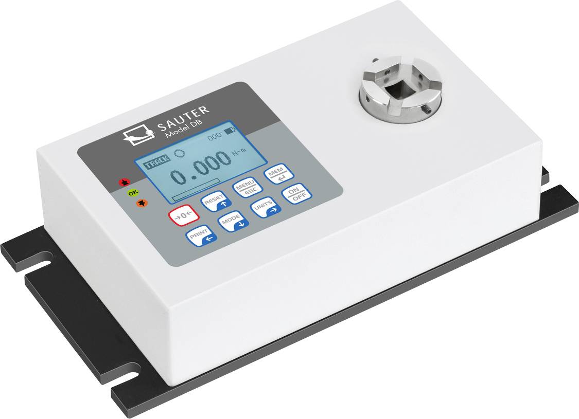 Cyfrowe urządzenie do pomiaru momentu obrotowego na białym tle, z wyświetlaczem do odczytu wartości pomiarowych i elementami sterującymi.