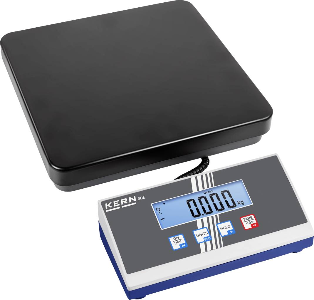 Elektroniczna waga z wyświetlaczem pokazuje '0,00 kg'. Kabel połączeniowy między platformą a urządzeniem wyświetlającym.