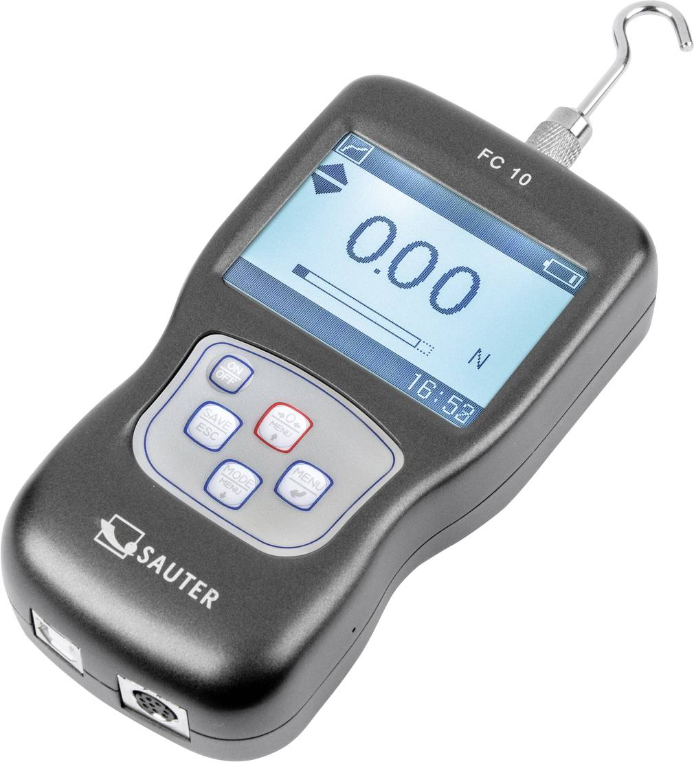 Cyfrowy miernik siły z hakiem na górze i dużym wyświetlaczem pokazującym '0,00 N', z przyciskami sterującymi poniżej.