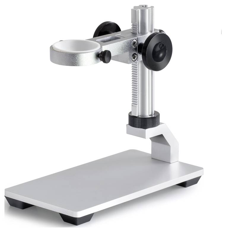Metalowy stojak mikroskopowy z regulowanym ramieniem i stabilną podstawą, odpowiedni do precyzyjnych badań laboratoryjnych.