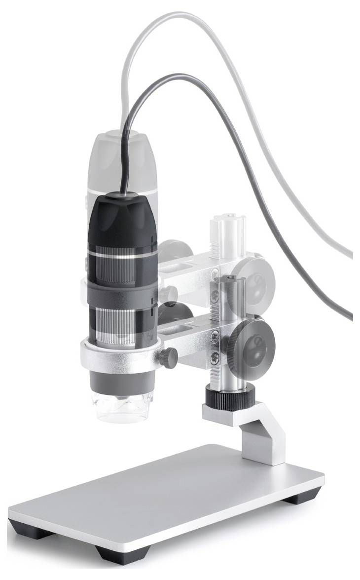 Cyfrowy mikroskop ze stalowym stojakiem i złączem USB, odpowiedni do zdjęć z bliska i szczegółowych badań małych obiektów.