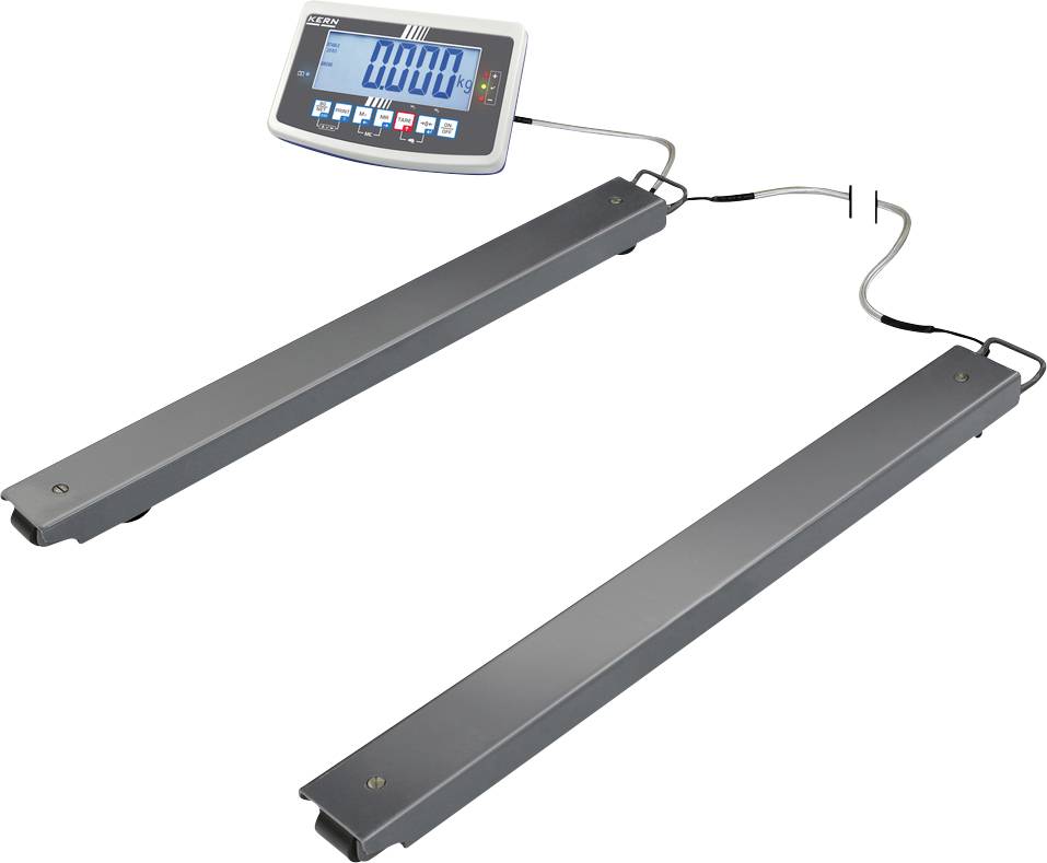 Elektroniczna waga z wyświetlaczem cyfrowym. Wskazuje '0,000 kg'. Dwie podłużne platformy są połączone przewodem.