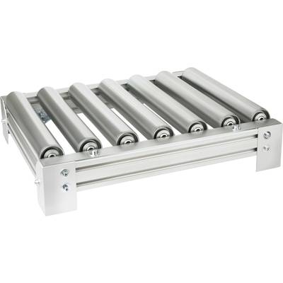 Metalowe rolki transportowe, ułożone obok siebie w prostokątnej ramie, służące do przemieszczania ciężkich przedmiotów.
