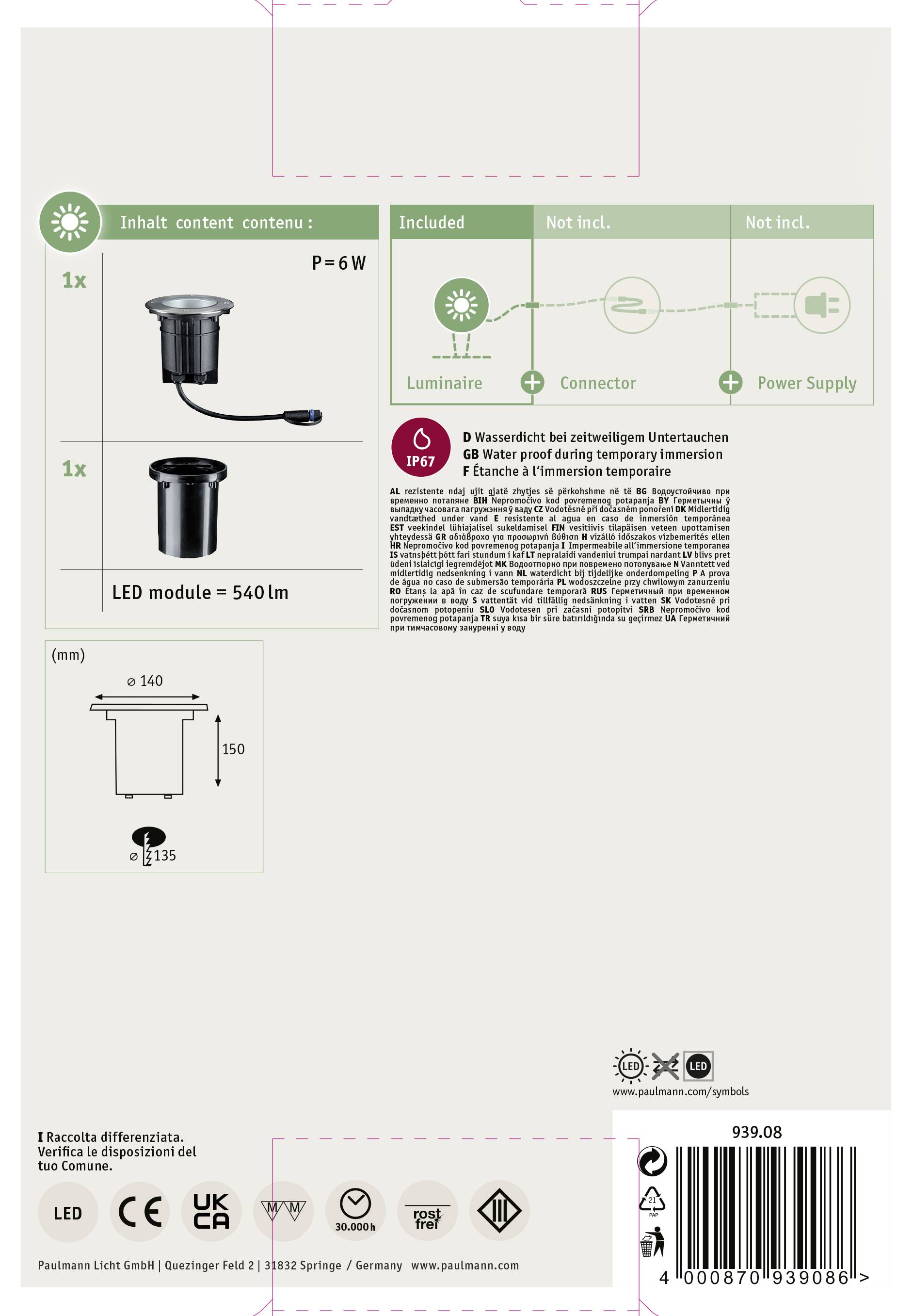 Opakowanie modułu LED do zabudowy. Zawartość: 1x moduł LED, nie zawiera: zasilacza. Moc: 6W. Ilustracje i wymiary są podane.