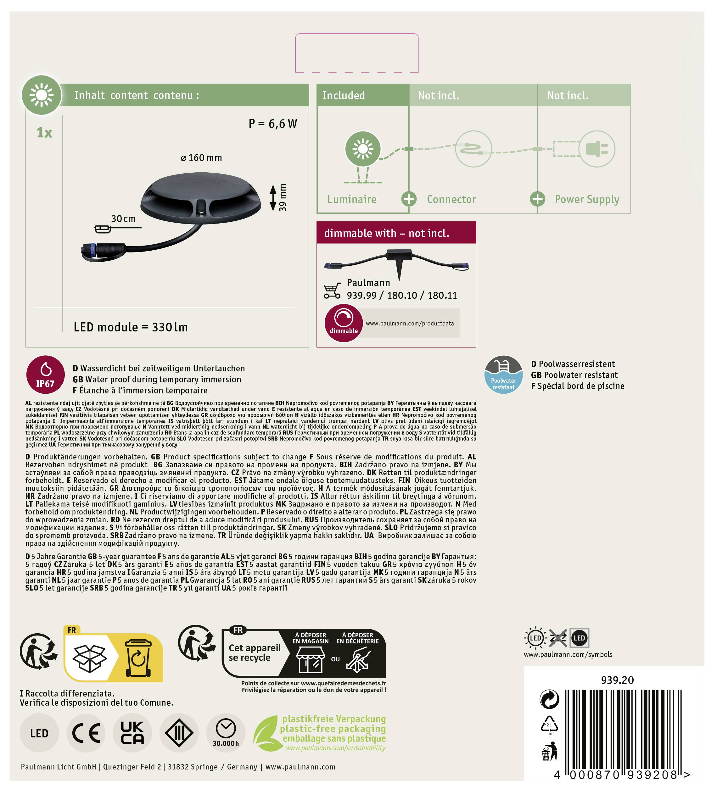 'Oprawa LED, 1 szt., Ø160 mm, moduł LED = 330 lm, P = 6,6 W, ściemnialna (bez regulatora natężenia światła). Odpowiednia do drewna lub tworzywa sztucznego.'