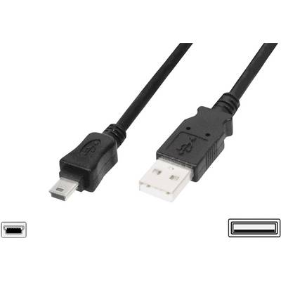 Kabel USB z wtyczką USB-A i wtyczką Mini-USB, często stosowane do podłączania urządzeń takich jak aparaty fotograficzne do komputerów.