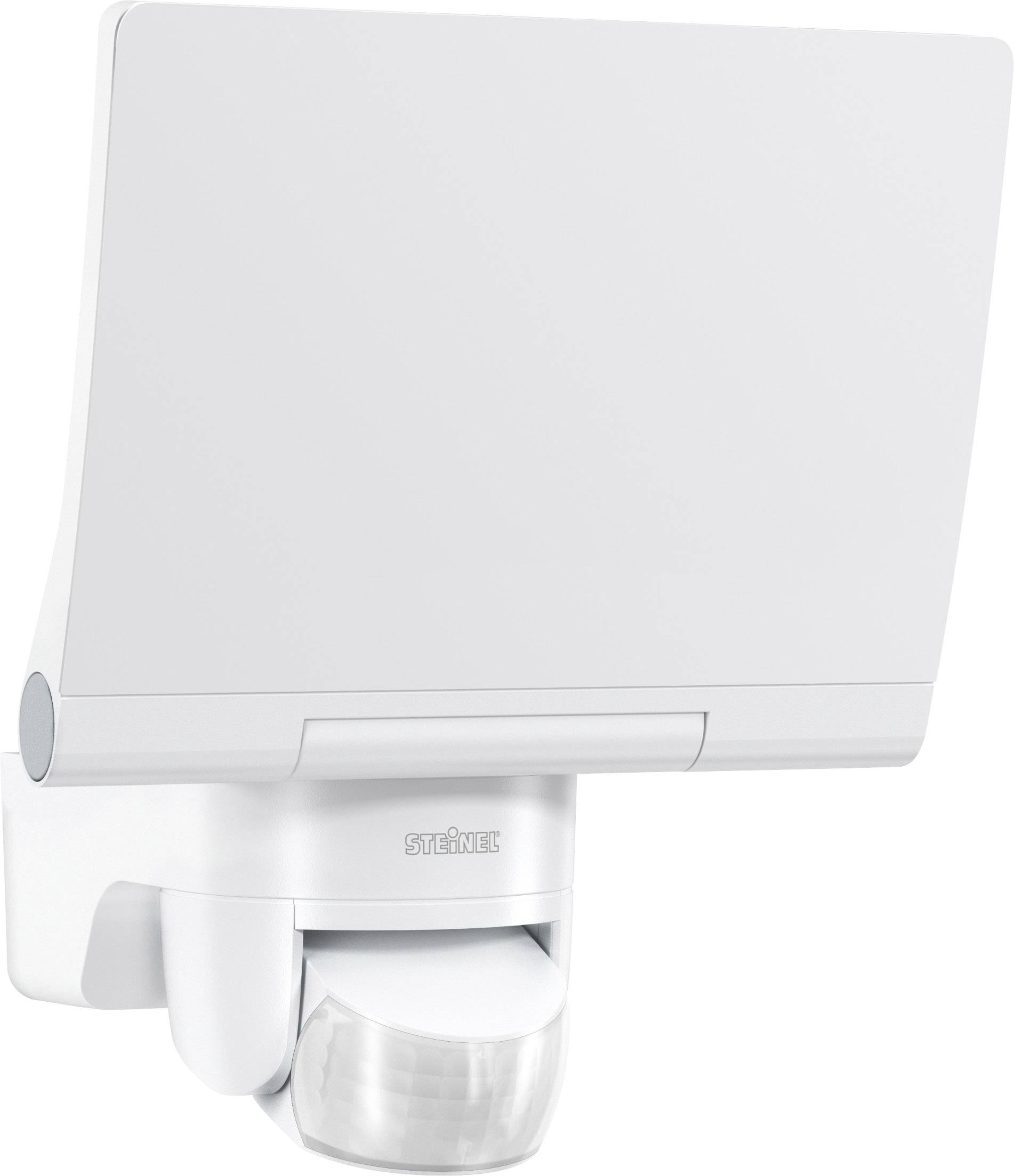 Biała lampa zewnętrzna LED z zintegrowanym czujnikiem ruchu, o prostokątnym kształcie, idealna do oświetlenia ścian domu lub ogrodu.