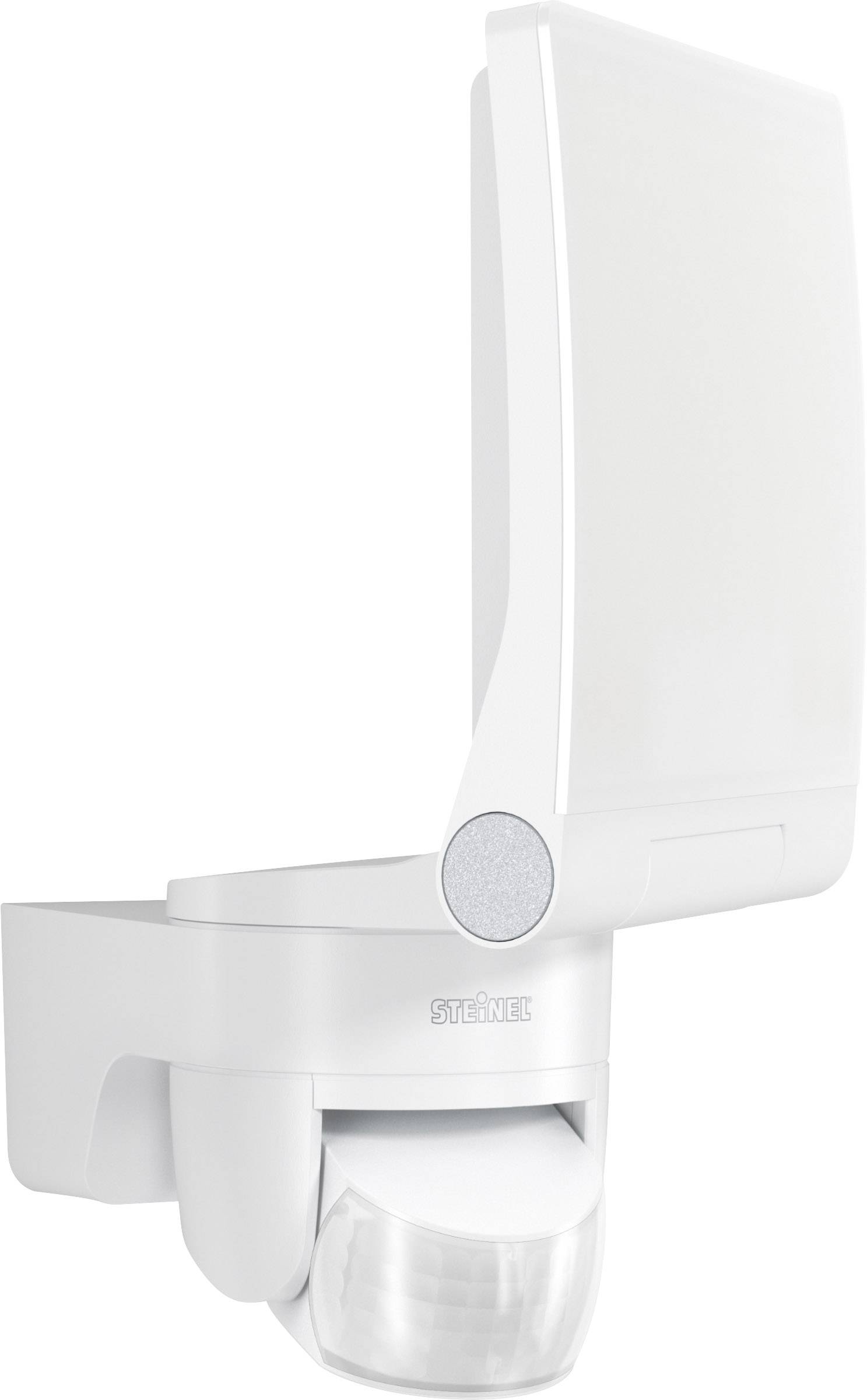 Biała lampa zewnętrzna z czujnikiem ruchu, zamontowana na uchwycie ściennym.