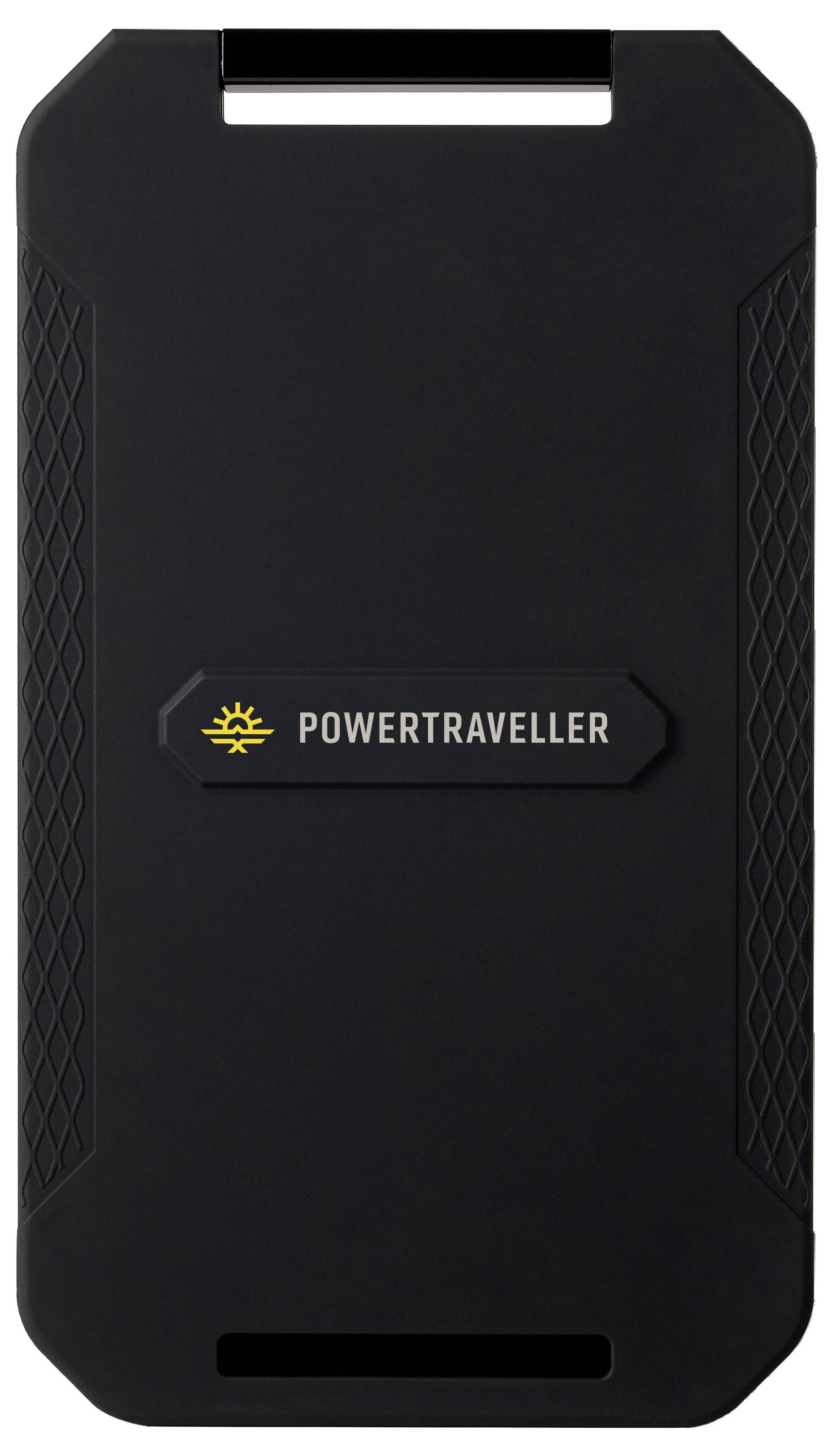 Przenośny czarny powerbank z logo 'POWERTRAVELLER' i ikoną słońca na przedniej części. Teksturowane krawędzie dla lepszego chwytu.