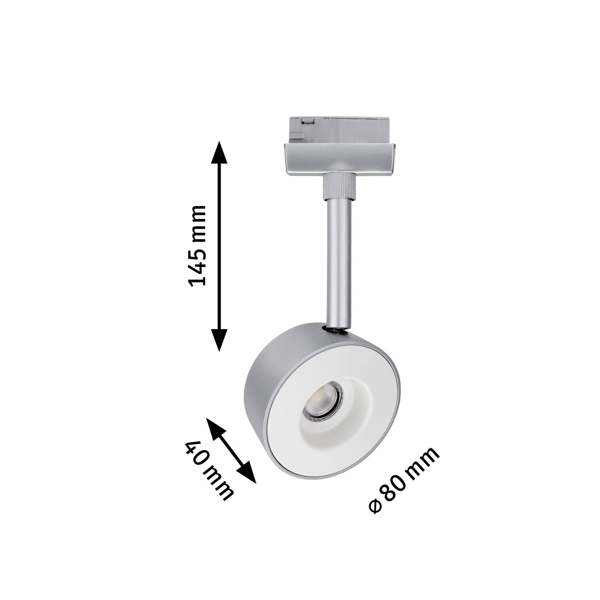 Cylindryczny reflektor LED do montażu na szynie sufitowej, w kolorze srebrnym, wymiary: wysokość 145 mm, szerokość 40 mm, średnica 80 mm.