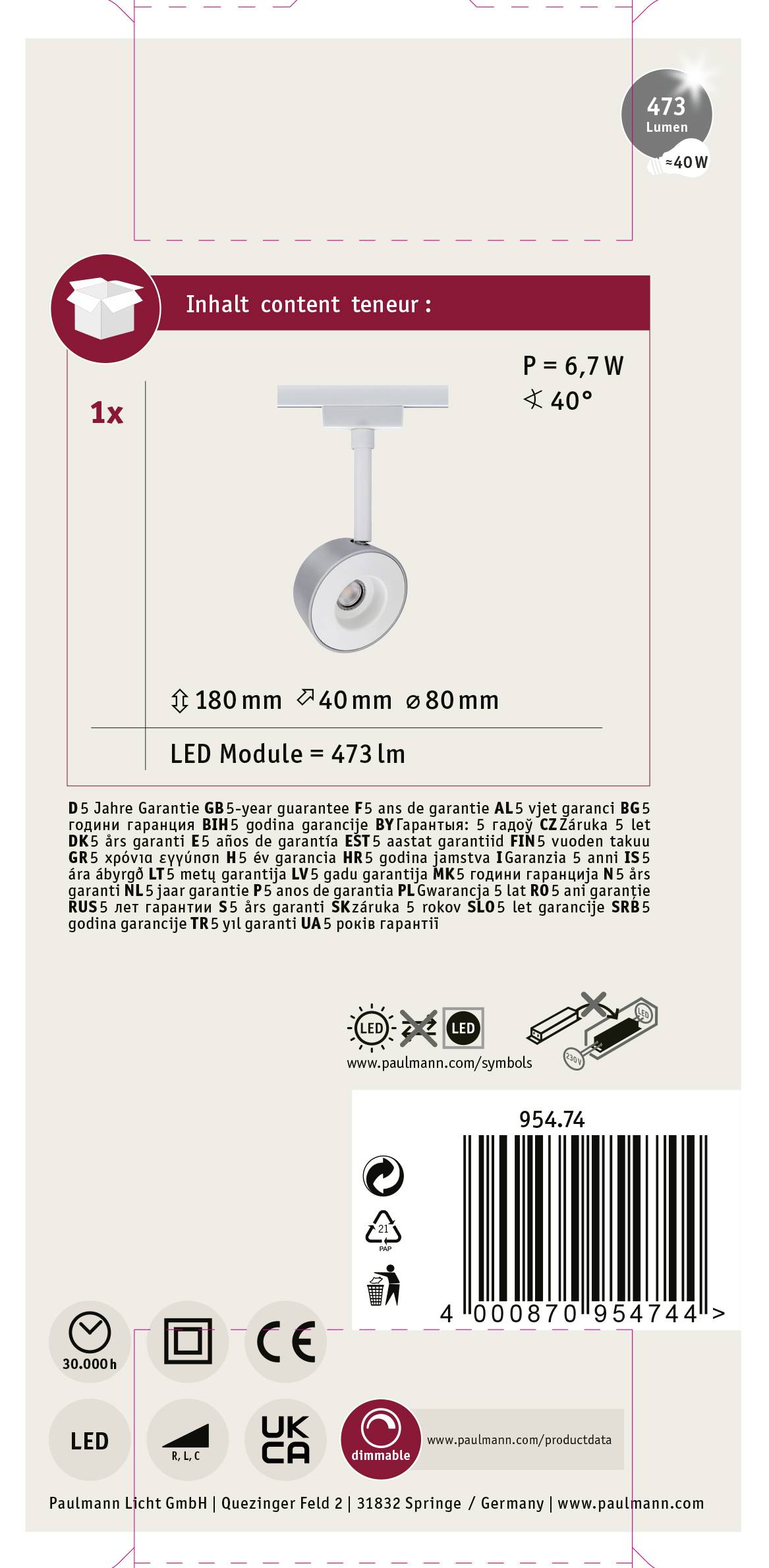 Lampa do systemu szynowego, wysokonapięciowego Paulmann Pellet 95474 LED wbudowany na stałe 4 W LED 240 lm biały, chrom -5