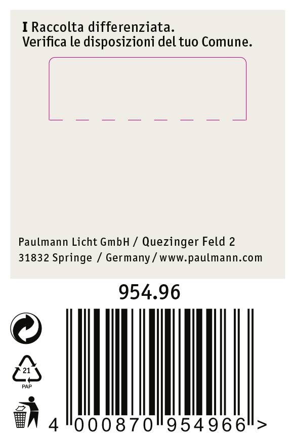 Etykieta z kodem kreskowym '4000870954966', adres 'Paulmann Licht GmbH', symbol oznaczający opakowanie nadające się do recyklingu, instrukcje dotyczące utylizacji odpadów.