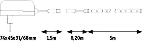 Rysunek przedstawia wymiary adaptera wtykowego z kablem: adapter 7x4,5x3,1/6,8 cm, długości kabli: 1,5 m, 0,2 m oraz 5 m.