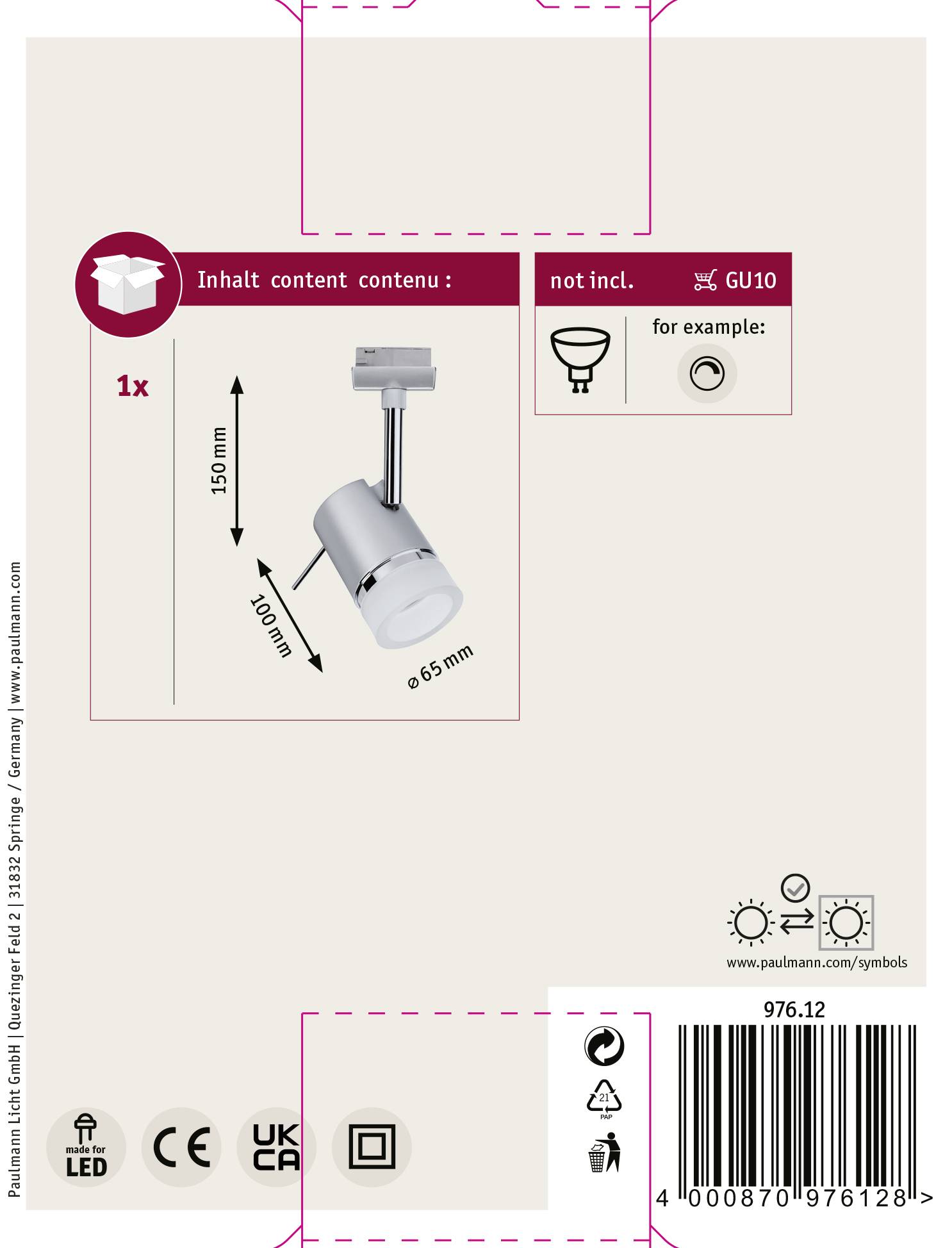 Zawiera spot LED o długości 150 mm i szerokości 65 mm z oprawką GU10. Nie dołączony. Projekt opakowania z symbolami.