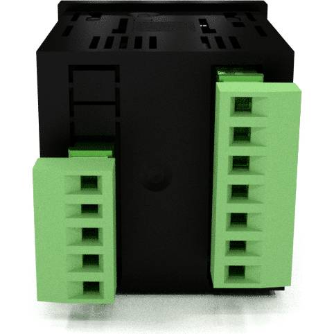 Czarny adapter z zielonymi złączami po bokach, prawdopodobnie przeznaczony do zastosowań elektrycznych lub technicznych.