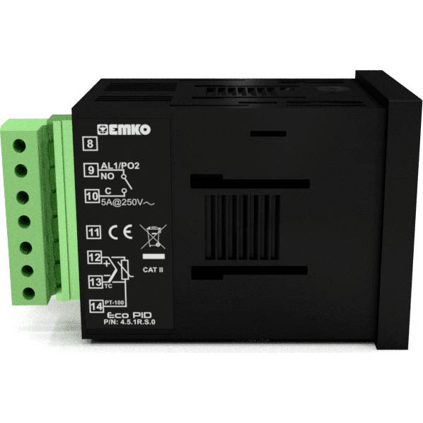 Czarne urządzenie elektryczne z zielonymi złączami, oznaczeniami i symbolami na przedniej części.