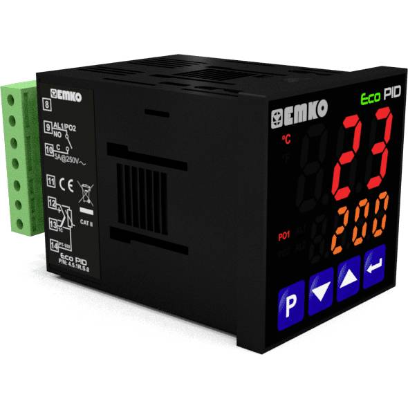 Cyfrowy regulator temperatury z wyświetlaczem LED pokazuje '23°C'. Czarna obudowa z zielonymi przyłączami i niebieskimi przyciskami sterującymi na przedniej stronie.