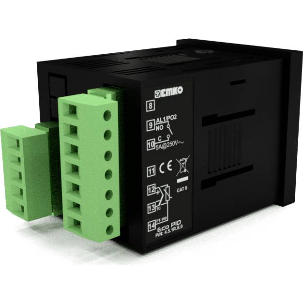 Czarny elektroniczny przyrząd z zielonymi zaciskami przyłączeniowymi, opatrzony oznaczeniami technicznymi i symbolami na bocznej powierzchni.