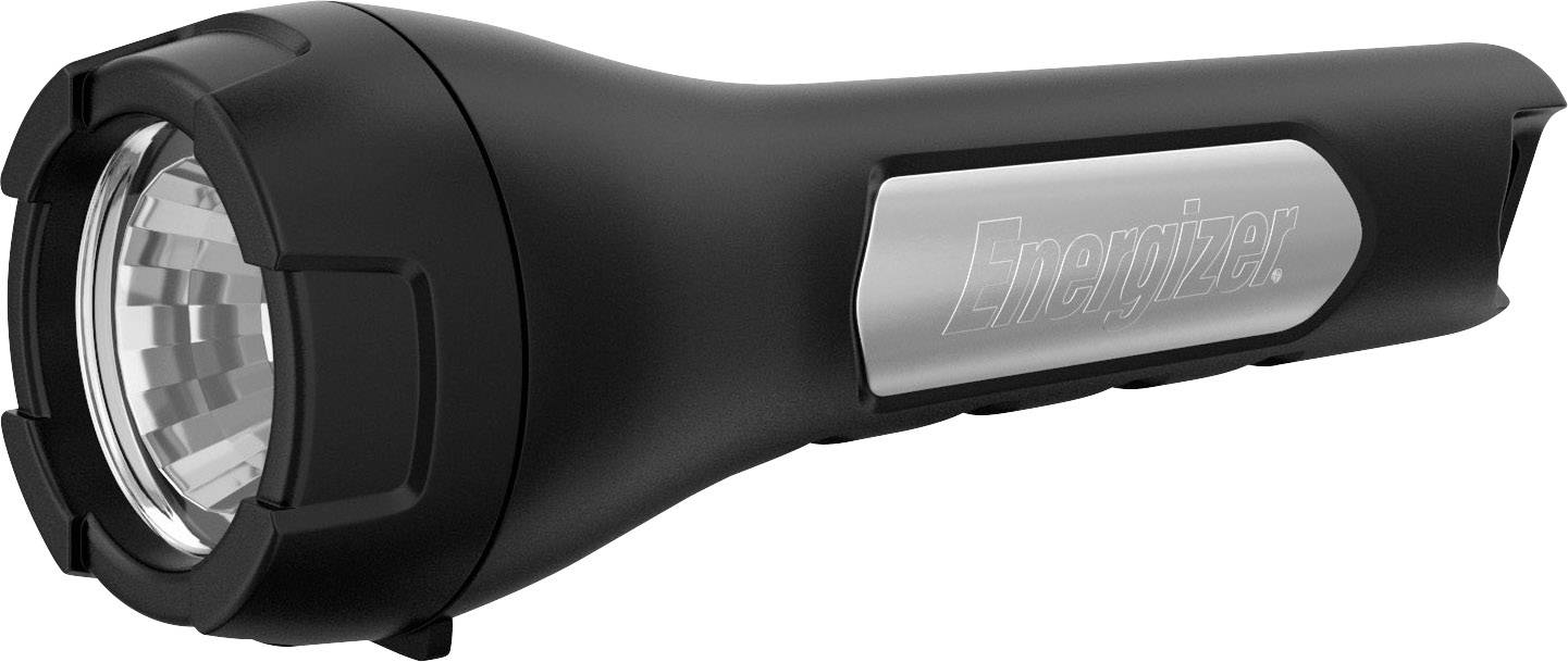 Czarna latarka marki Energizer z srebrnym uchwytem.